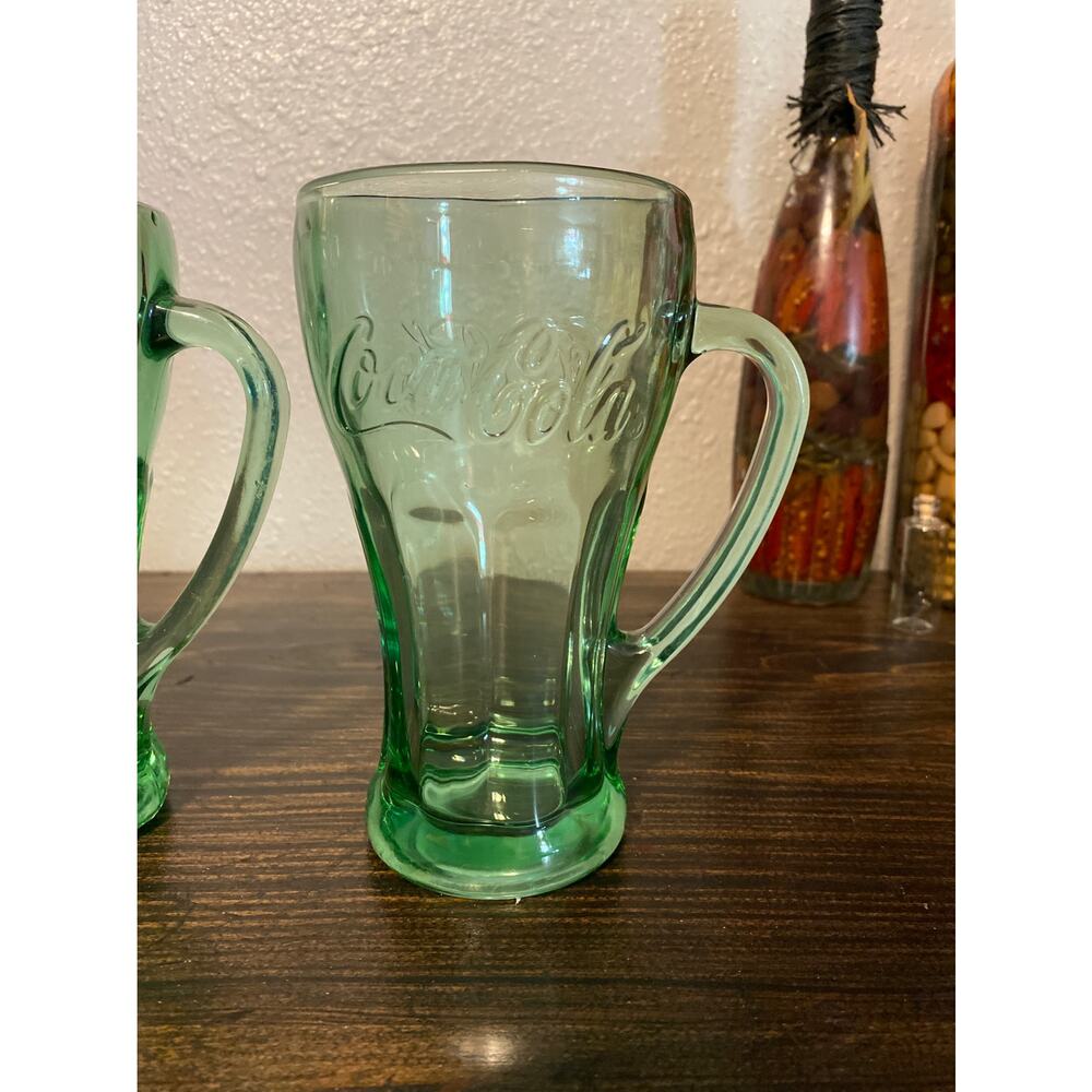 Vintage Libby Coca Cola Green Glass Thick Retro Heavy Old Stein Mugs with Handle
